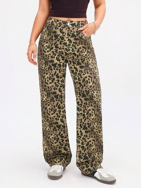 SHEIN EZwear جينز مستقيم ذو جيوب برسم النمر للكاجوال