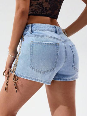 SHEIN EZwear بنطلون قصير جينز مصمم بقطع ملونة مع طبعة نمر علي الجوانب مع جيوب, للنساء, الصيف