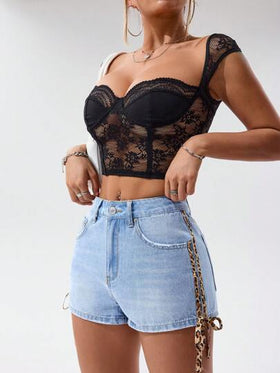 SHEIN EZwear بنطلون قصير جينز مصمم بقطع ملونة مع طبعة نمر علي الجوانب مع جيوب, للنساء, الصيف