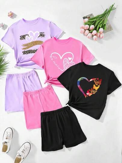 ملابس بناتي 3 طقم للبنات المراهقات بتصميم جلد الفهد الملون وقلب قصير الأكمام T-shirt و شورت مناسب للصيف
