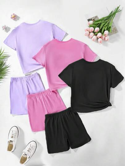 ملابس بناتي 3 طقم للبنات المراهقات بتصميم جلد الفهد الملون وقلب قصير الأكمام T-shirt و شورت مناسب للصيف