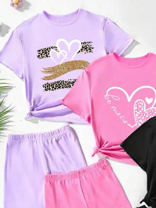 ملابس بناتي 3 طقم للبنات المراهقات بتصميم جلد الفهد الملون وقلب قصير الأكمام T-shirt و شورت مناسب للصيف