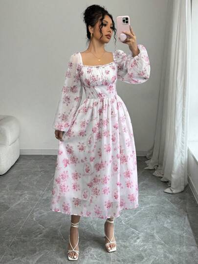فساتين حريمي Modelyn العيد فستان شيفون طباعة زهرية أنيق على الطراز الفرنسي فساتين كاملة للإجازة والشاطئ للنساء