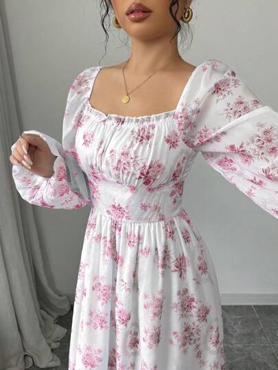 فساتين حريمي Modelyn العيد فستان شيفون طباعة زهرية أنيق على الطراز الفرنسي فساتين كاملة للإجازة والشاطئ للنساء