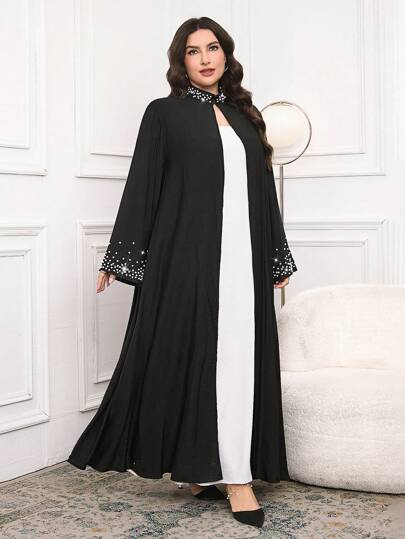 Al Najma عباية رداء أنيق وفاخر مزين بالخرز لأحجام النساء الكبيرة، متواضعة