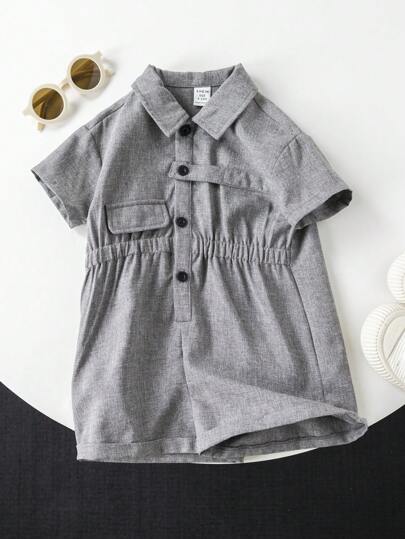 SHEIN رومبير قصير الأكمام باللون الرمادي كاجوال صيفي للأطفال الرضع الأولاد الصغار الجميل