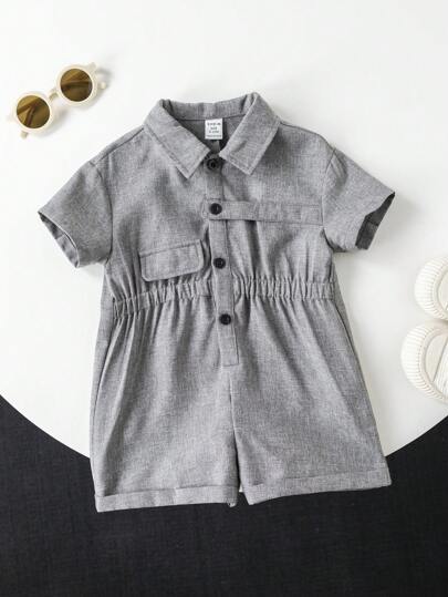 SHEIN رومبير قصير الأكمام باللون الرمادي كاجوال صيفي للأطفال الرضع الأولاد الصغار الجميل