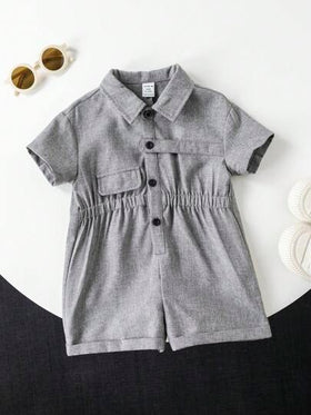 SHEIN رومبير قصير الأكمام باللون الرمادي كاجوال صيفي للأطفال الرضع الأولاد الصغار الجميل