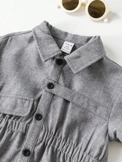 SHEIN رومبير قصير الأكمام باللون الرمادي كاجوال صيفي للأطفال الرضع الأولاد الصغار الجميل