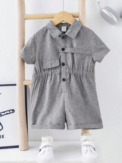 SHEIN رومبير قصير الأكمام باللون الرمادي كاجوال صيفي للأطفال الرضع الأولاد الصغار الجميل
