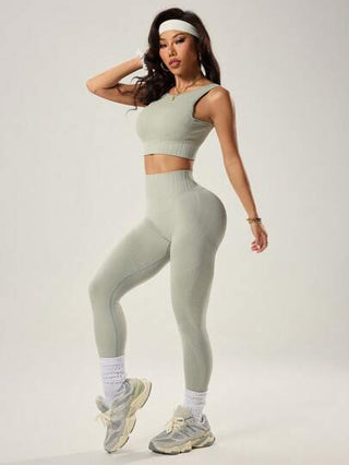Sport Studio 2 قطعة طقم رياضي يتكون من توب ممشوق بدون حواف وسراويل أسفل بلحاف لفخذ بتمدد عالي ملائم للتمرينات الرياضية اللياقة البدنية للنساء