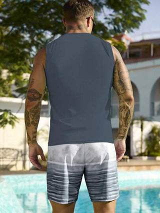 Manfinity Swimmode 2 قطعة مجموعة سباحة صيفية للرجال تتكون من بلوزة وشورت بطباعة حرفية، طراز هاواي
