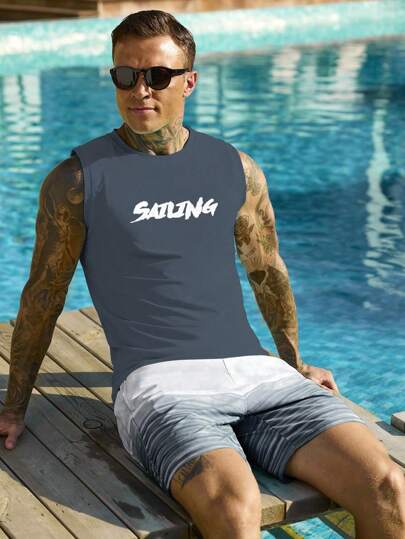 Manfinity Swimmode 2 قطعة مجموعة سباحة صيفية للرجال تتكون من بلوزة وشورت بطباعة حرفية، طراز هاواي