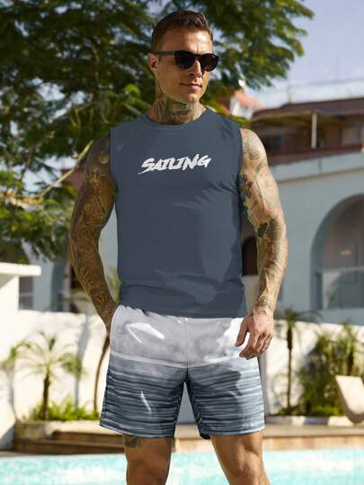 Manfinity Swimmode 2 قطعة مجموعة سباحة صيفية للرجال تتكون من بلوزة وشورت بطباعة حرفية، طراز هاواي