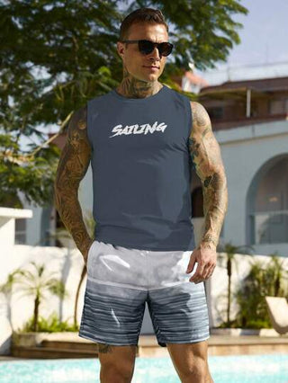 Manfinity Swimmode 2 قطعة مجموعة سباحة صيفية للرجال تتكون من بلوزة وشورت بطباعة حرفية، طراز هاواي