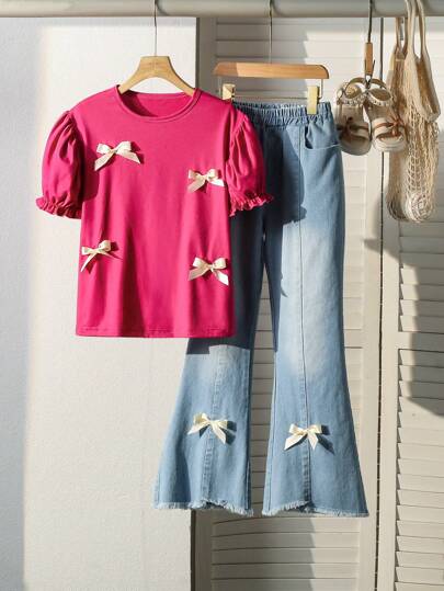 girls-sets Genkimix Kids مجموعتان/طقم لفتاة المراهقة، قميص كاجوال بأكمام قصيرة مزين بفيونكة وبنطلون جينز بتصميم واسع الساق، ملابس صيفية