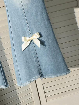 girls-sets Genkimix Kids مجموعتان/طقم لفتاة المراهقة، قميص كاجوال بأكمام قصيرة مزين بفيونكة وبنطلون جينز بتصميم واسع الساق، ملابس صيفية