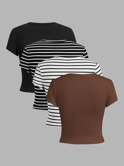 EZwear 4 قطع تي شيرت نسائي مناسب للربيع والصيف، بأكمام قصيرة وياقة مستديرة، قصير الطول ، بتصاميم مختلفة وسادة على شكل قلب أحمر ، أسود وأبيض بخطوط