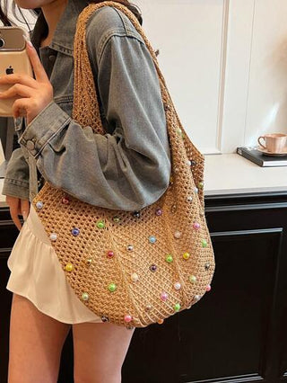 حقيبة سوق كتف كاجوال، حقيبة مضفرة للتنزه والتنقل اليومي، حقيبة شاطئ صيفية للنساء مطرزة بالخرز والفتحات، سعة كبيرة