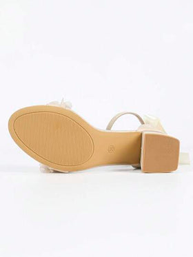 صنادل بكعب سميك 5.3 سم مفتوحة الأصابع، بلون المشمش، بتصميم زهري فرنسي وفيونكة، أنيقة وعصرية، مريحة للارتداء