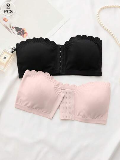 Shein Underwear&Sleepwear Basics مجموعة من 2 قطعة ملابس داخلية للنساء، صدرية عدة ألوان مزينة بحافة موجية مع إبزيم أمامي، ذات رفع للصدر وسادات قابلة للإزالة