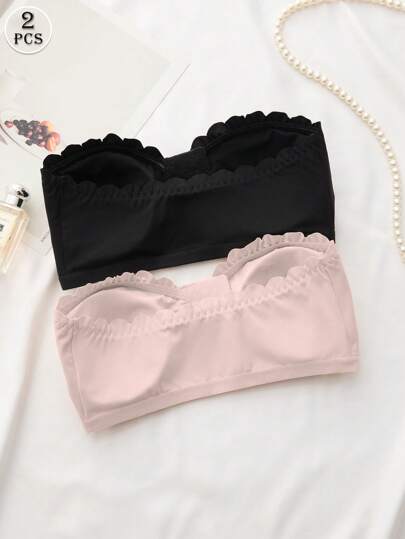 Shein Underwear&Sleepwear Basics مجموعة من 2 قطعة ملابس داخلية للنساء، صدرية عدة ألوان مزينة بحافة موجية مع إبزيم أمامي، ذات رفع للصدر وسادات قابلة للإزالة