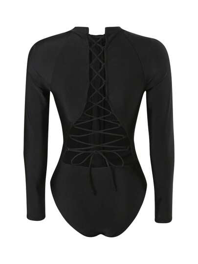 Swim SPRTY قطعة واحدة من ملابس السباحة ذات الأكمام الطويلة والحزام المتقاطع للنساء، بدلة حماية من الجلخ للسباحة والشاطئ باللون الأسود