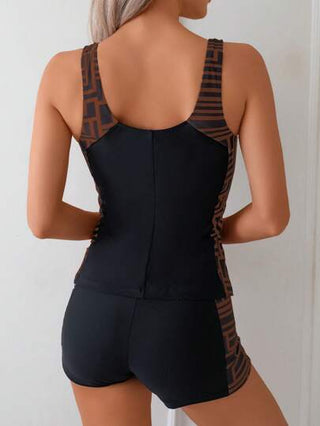 طقم تانكيني حريمي Swim Basics طقم بيكيني بقطعتين للنساء، جديد لصيف, بتصميم هندسي عشوائي بلون خاكي، بدون أكمام، مصغر ومتواضع مع شورت ، ملابس سباحة مناسبة للشاطئ وركوب الأمواج والرياضات المائية على العطلات