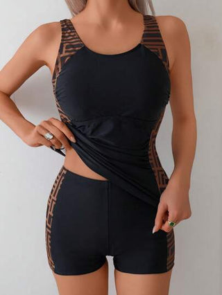 طقم تانكيني حريمي Swim Basics طقم بيكيني بقطعتين للنساء، جديد لصيف, بتصميم هندسي عشوائي بلون خاكي، بدون أكمام، مصغر ومتواضع مع شورت ، ملابس سباحة مناسبة للشاطئ وركوب الأمواج والرياضات المائية على العطلات