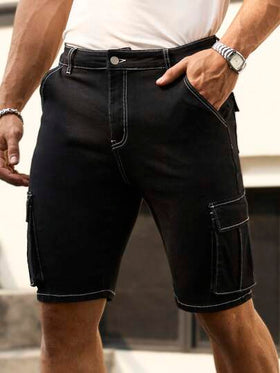 Manfinity Homme شورت جينز سائب أسود للرجال، بطراز الشارع ذو لياقة رفيعة