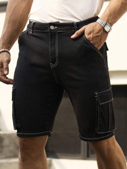 Manfinity Homme شورت جينز سائب أسود للرجال، بطراز الشارع ذو لياقة رفيعة