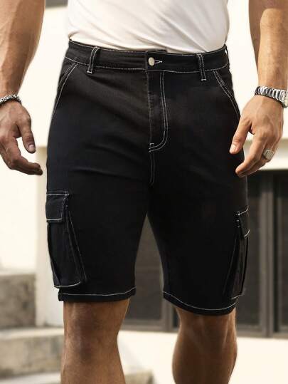 Manfinity Homme شورت جينز سائب أسود للرجال، بطراز الشارع ذو لياقة رفيعة