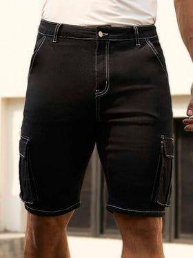 Manfinity Homme شورت جينز سائب أسود للرجال، بطراز الشارع ذو لياقة رفيعة
