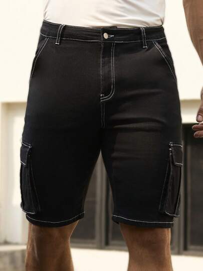 Manfinity Homme شورت جينز سائب أسود للرجال، بطراز الشارع ذو لياقة رفيعة