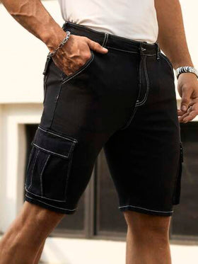 Manfinity Homme شورت جينز سائب أسود للرجال، بطراز الشارع ذو لياقة رفيعة
