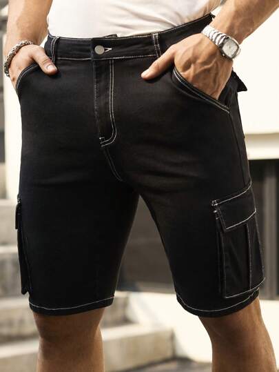 Manfinity Homme شورت جينز سائب أسود للرجال، بطراز الشارع ذو لياقة رفيعة