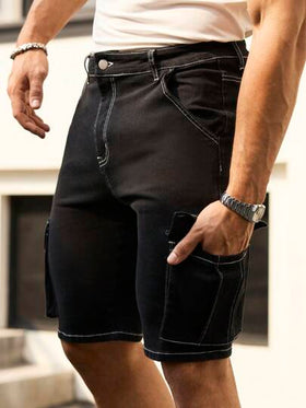 Manfinity Homme شورت جينز سائب أسود للرجال، بطراز الشارع ذو لياقة رفيعة