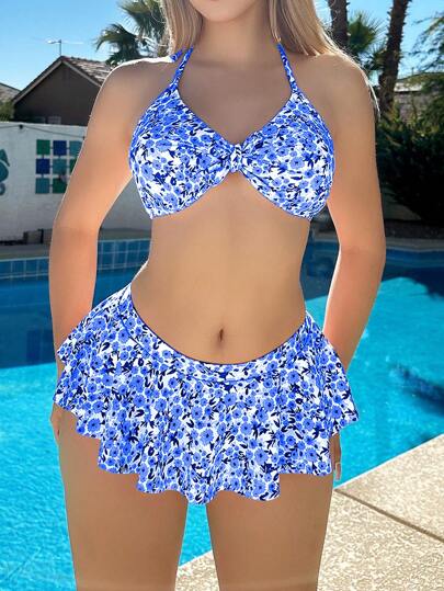 طقم تانكيني حريمي Swim Vcay بدلة سباحة بأعلى حمالة وتنورة للنساء، موضة الصيف
