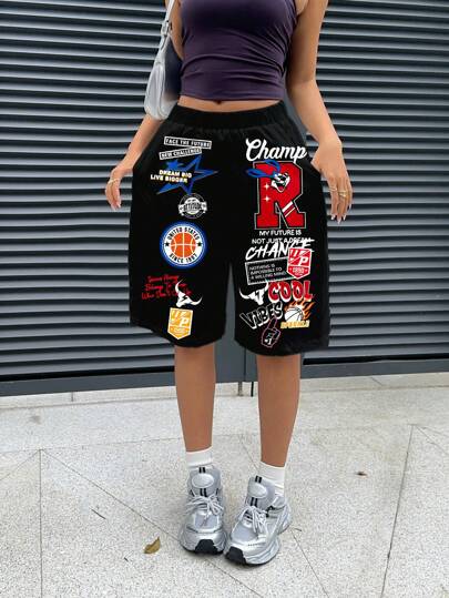 EZwear شورتات بخصر متوسط فضفاضة بتصميم ساق مستقيم وطول 7/10 مع جيوب مائلة