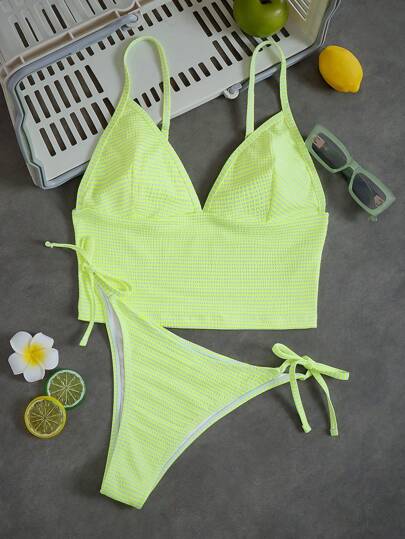 طقم تانكيني حريمي Swim Mod ملابس سباحة للنساء من مجموعة شيلر مخطط بسيط بحمالات، مناسب للعطلات الصيفية