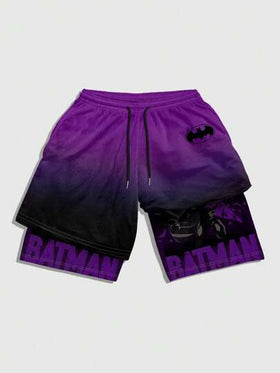 ROMWE MEN Batman X ROMWE شورت رجالي بخصر رباط مطبوع بحروف متدرجة، صيفي