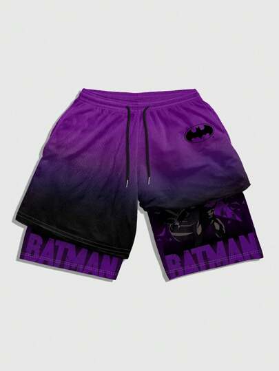 ROMWE MEN Batman X ROMWE شورت رجالي بخصر رباط مطبوع بحروف متدرجة، صيفي