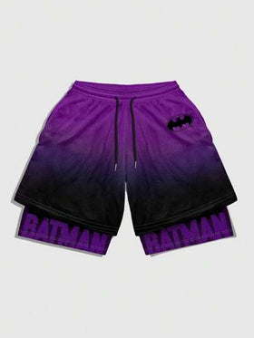ROMWE MEN Batman X ROMWE شورت رجالي بخصر رباط مطبوع بحروف متدرجة، صيفي