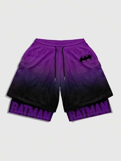 ROMWE MEN Batman X ROMWE شورت رجالي بخصر رباط مطبوع بحروف متدرجة، صيفي