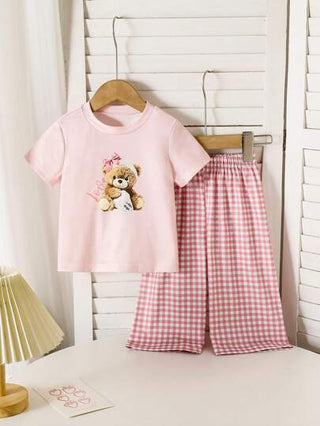 SHEIN Genkimix Kids 2 قطعة/مجموعة للبنات الصغار سراويل وبلوزة قصيرة الأكمام أنيقة ومريحة بطبعة الدب، للربيع والصيف 0-3 سنوات