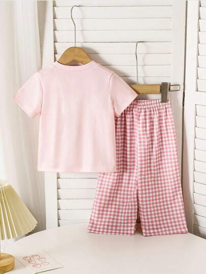 SHEIN Genkimix Kids 2 قطعة/مجموعة للبنات الصغار سراويل وبلوزة قصيرة الأكمام أنيقة ومريحة بطبعة الدب، للربيع والصيف 0-3 سنوات