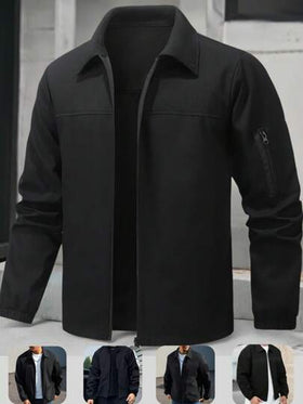 Manfinity Homme جاكيت رياضية كاجوال للرجال بسحاب ذات لون أحادي، جاكيت رجالية سوداء، جاكيت رجالية للتدريس