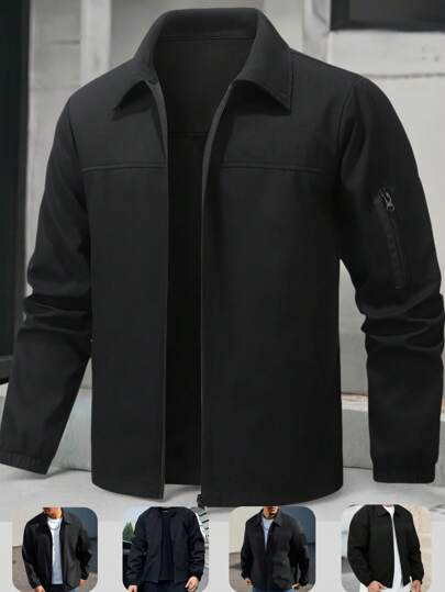 Manfinity Homme جاكيت رياضية كاجوال للرجال بسحاب ذات لون أحادي، جاكيت رجالية سوداء، جاكيت رجالية للتدريس