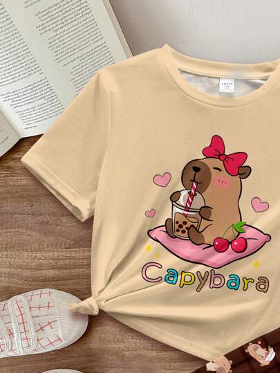 SHEIN Leap Crew زي منزلي رقيق لفتيات المراهقات، قميص تيشرت بأكمام قصيرة وبنطال بطبعات جديدة للقبقب وقلب كرتوني وفراشة، مناسب للصيف