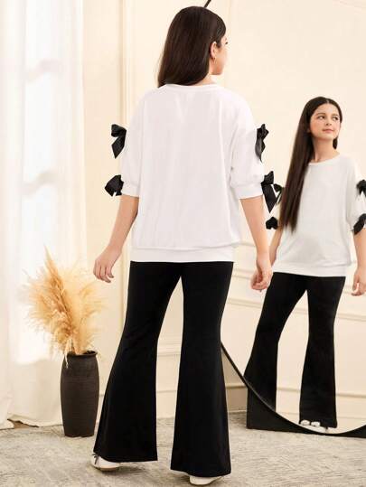 girls-sets طقم ملابس علوية كنت حريرية مريحة بياقة مستديرة ومزينة بعقدة ثلاثية الأبعاد والبنطلون الأوسع، مناسب للفتيات المراهقات